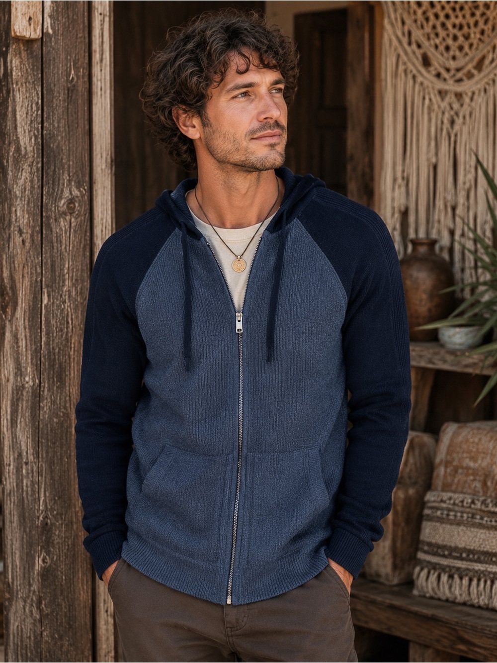EXPRESS Men’s Hooded Zip-Up Sweater Colorblock Ribbed Knit Hoodie